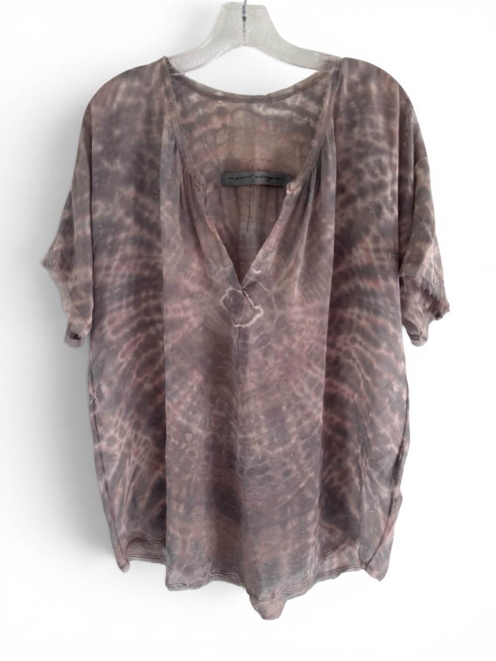 Raquel Allegra Silk Tie-Dye Top V-Neck Short Sleeve Relaxed Grey & Blush Pink M